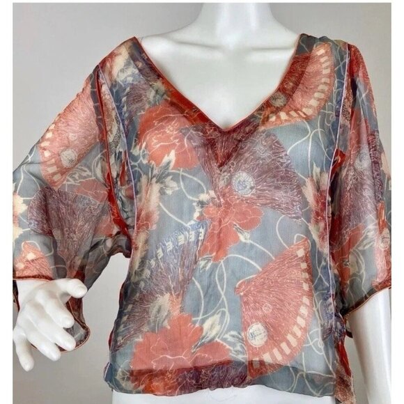 Vintage 1990s Y2K Diesel Japanese Fans & Floral Print Silk Chiffon Blouse Sz XS - Picture 1 of 8